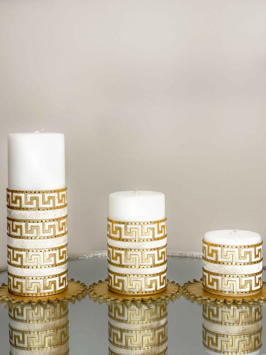 Anka Candle Gold Color Set of 3, Greek Key Style Pattern, Chic Decorative CandlesAnka Candle Set of 3, Greek Key Versace Style Pattern, Chic Decorative Candles