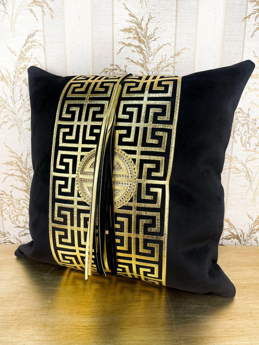 Anka Cushion Cover - Creative Home Designs Pillowcases, Luxury Turkish Throw Pillows & Shams, Black & Gold Color Greek Key Versace Pattern Sham,CC-CH-ANKA-BlaGo-1S1R,CC-CH-ANKA-BlaGo-2S,CC-CH-ANKA-BlaGo-2R,CC-CH-ANKA-BlaGo-2S1R