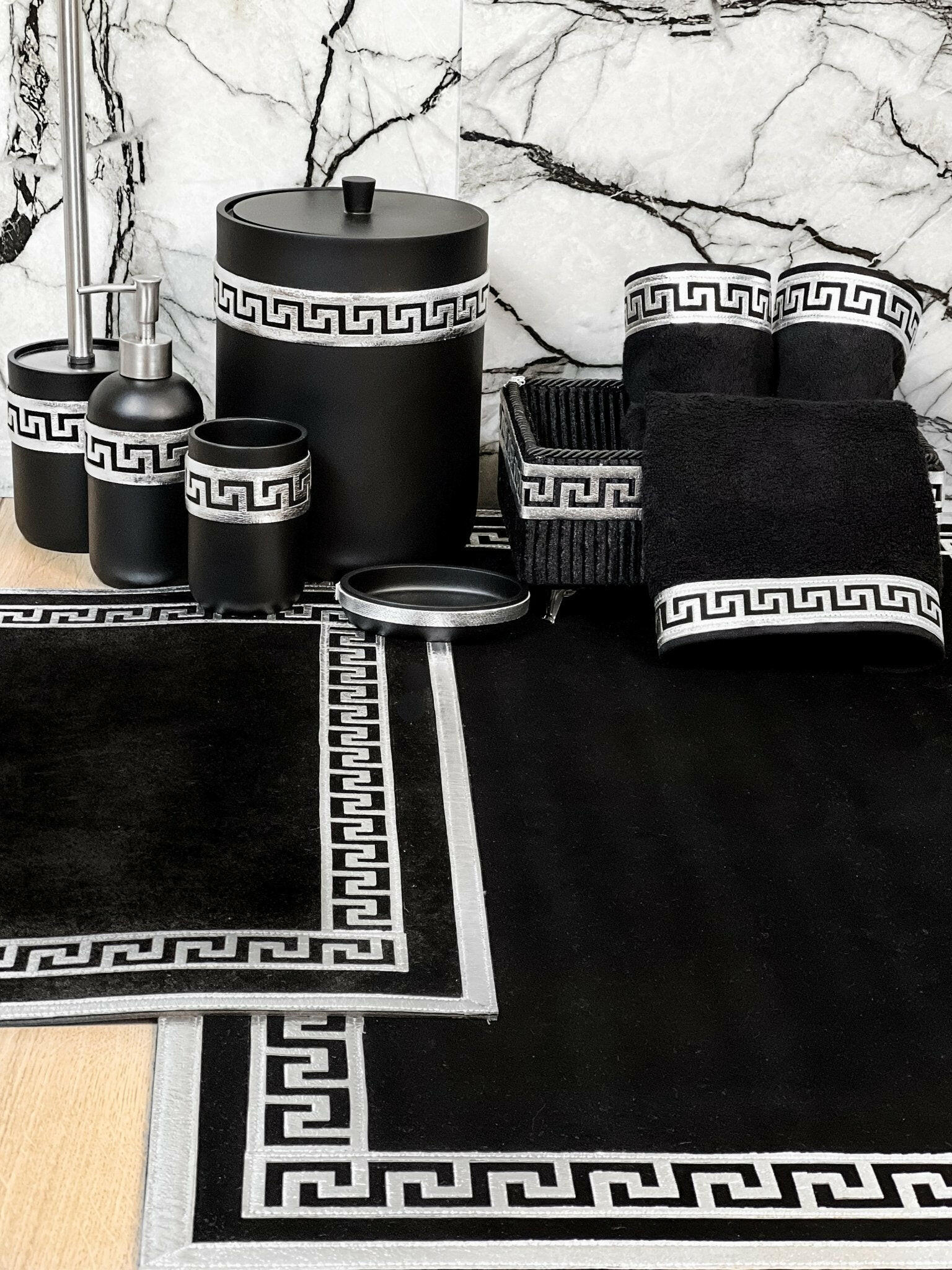 Anka Greek Key Black Silver Bathroom Accessory Set, Luxury Bath Set