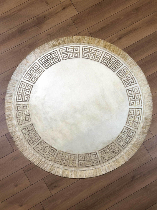 Anka Round Gold Color Velvet Round Rug, Greek Key Versace Style Patterned Mat, Washable Non Slip Modern Carpet