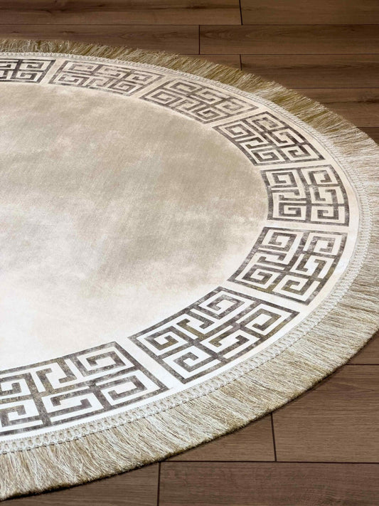 Anka Round Gold Color Velvet Round Rug, Greek Key Versace Style Patterned Mat, Washable Non Slip Modern Carpet,RUGR-CH-ANKABG