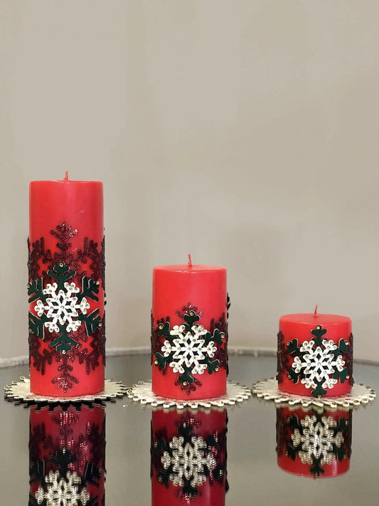 Christmas Snowflake Red Candle Set of 3, Chic Decorative Colorful Candles Creative Home Designs,CS-CH-CSF-R