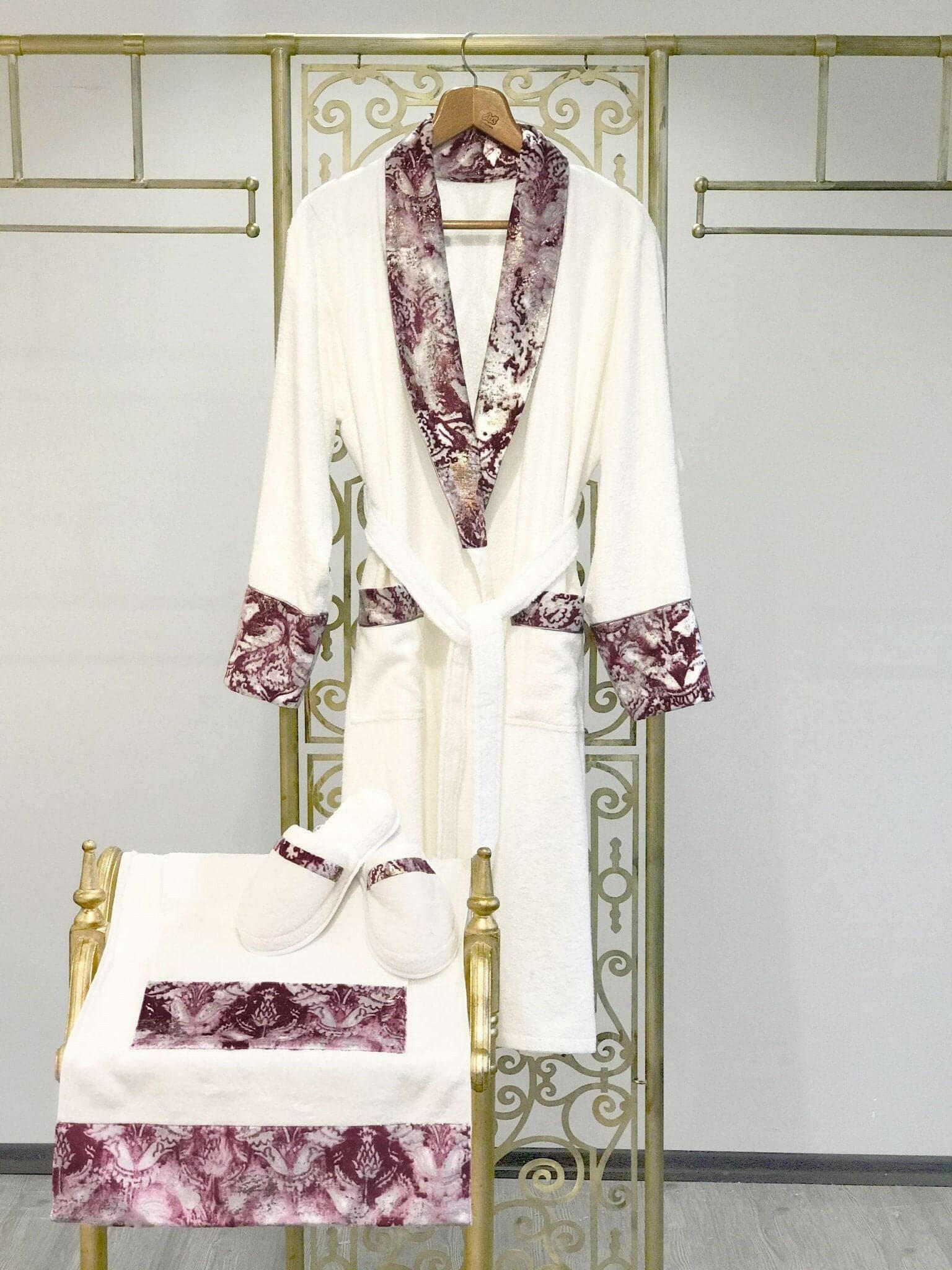 Deren Women's White Bathrobe Set, Pink Velvet Applied Luxury Designer Bamboo Soft Elegant Robe, L / Bathrobe + Slippers + 2 Sized Towels