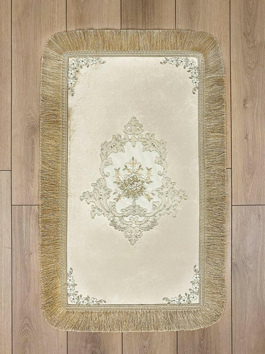 Gelin Gold Color Floral Embroidered Rectangular Rug - Creative Home Designs Rugs, European Lace Flower Turkish Carpet, Non Slip Reactangular Mat with Tassels