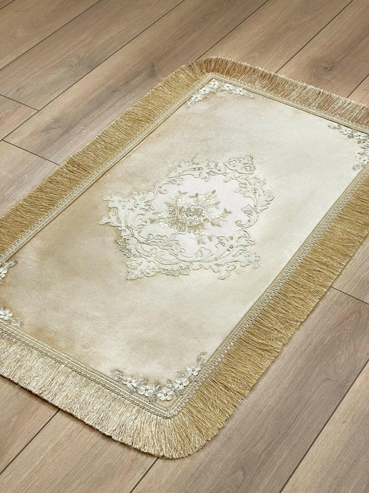 Gelin Gold Color Floral Embroidered Rectangular Rug - Creative Home Designs Rugs, European Lace Flower Turkish Carpet, Non Slip Reactangular Mat with Tassels,RUG-GLN-Go-4060,RUG-GLN-Go-60100,RUG-GLN-Go-70120,RUG-GLN-Go-90150,RUG-GLN-Go-121182,RUG-GLN-Go-152243