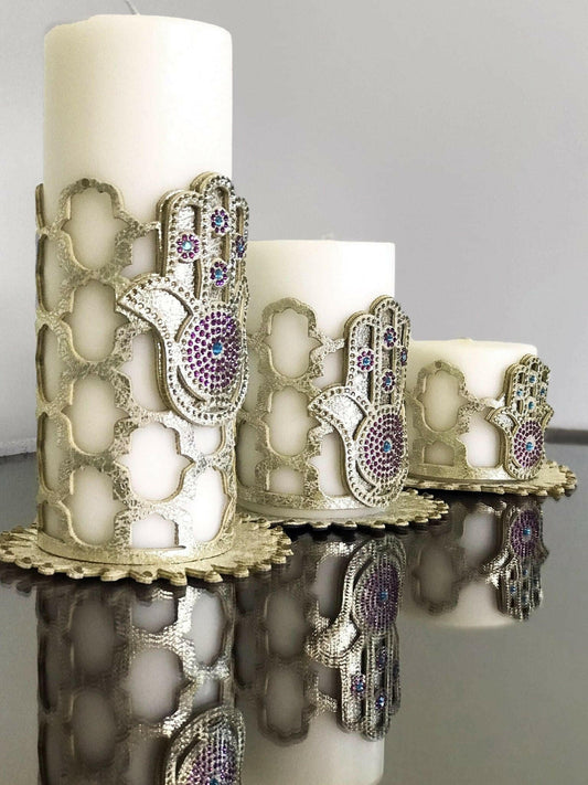 Hamsa Candle Set of 3 Gold Applique, Khamsa Hand Pattern, Chic Decorative Creative Home Candles