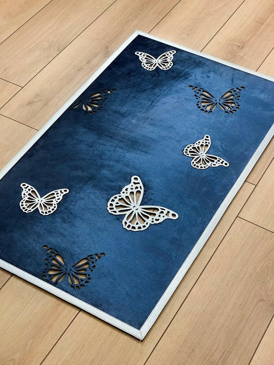 Kelebek Limited Edition Blue Color Rectangular Rug - Creative Home Designs, Butterfly Luxury Turkish Carpet, Non Slip Washable Velvet Mat,RUG-KLBK-BluSi-4060,RUG-KLBK-BluSi-60100,RUG-KLBK-BluSi-70120,RUG-KLBK-BluSi-85137,RUG-KLBK-BluSi-121182