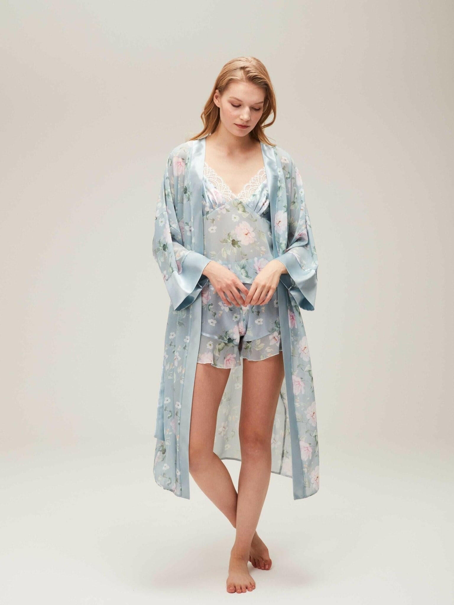 Liva Floral Silk Satin Sky Blue Pajama & Dressing Gown Set Kimono Robe
