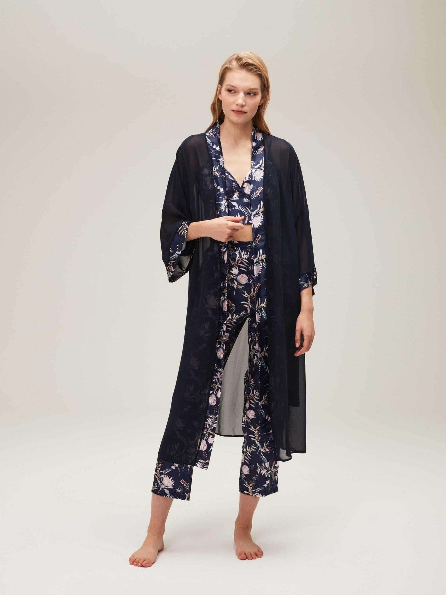 Mia Floral Silk Satin Navy Pajamas & Dressing Gown Set Kimono Robe Set