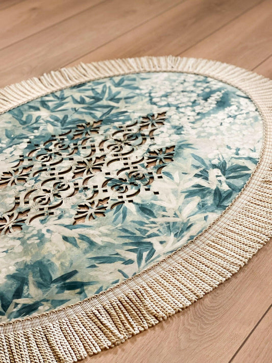 Palma Oval Turquoise Velvet Bathroom & Area Lounge Rug, Cut Through Floral Inspired Carpet with Tassels, Turkish Non-Slip Handmade Mat by Creative Home,RUG-PALMA-Tu-4060,RUG-PALMA-Tu-60100,RUG-PALMA-Tu-70120,RUG-PALMA-Tu-90150,RUG-PALMA-Tu-121182,RUG-PALMA-Tu-152243