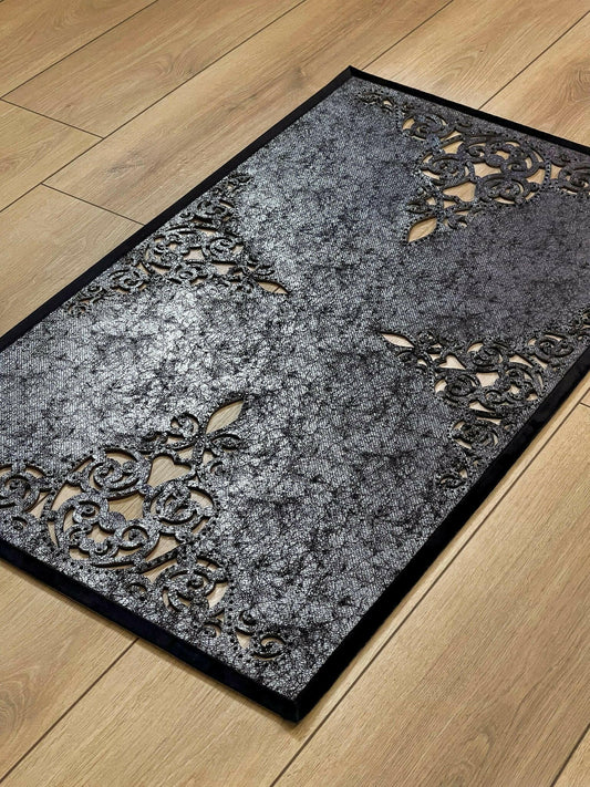 Sena Rug Metallic Black Color Rug - Creative Home Designs Rugs, Oriental Style Cut Out Laser Turkish Carpet With Diamonds, Non Slip Durable Mat,RUG-SENA-Bla-4060,RUG-SENA-Bla-60100,RUG-SENA-Bla-70120,RUG-SENA-Bla-85137,RUG-SENA-Bla-121182