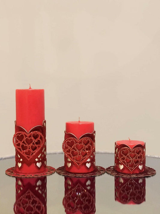 Sevgi Valentine'Day Red Candle Set of 3, Leather Red Heart Decorative Candles by Creative Home,CS-CH-SVGI-Re