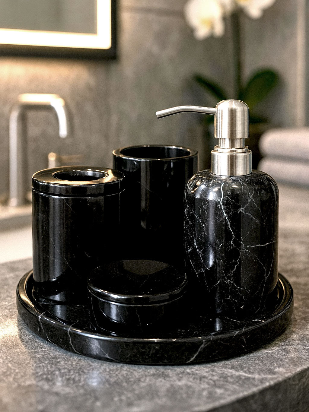 Toros Black Marble Bathroom Accessory Set, Luxury Handmade Stone Décor