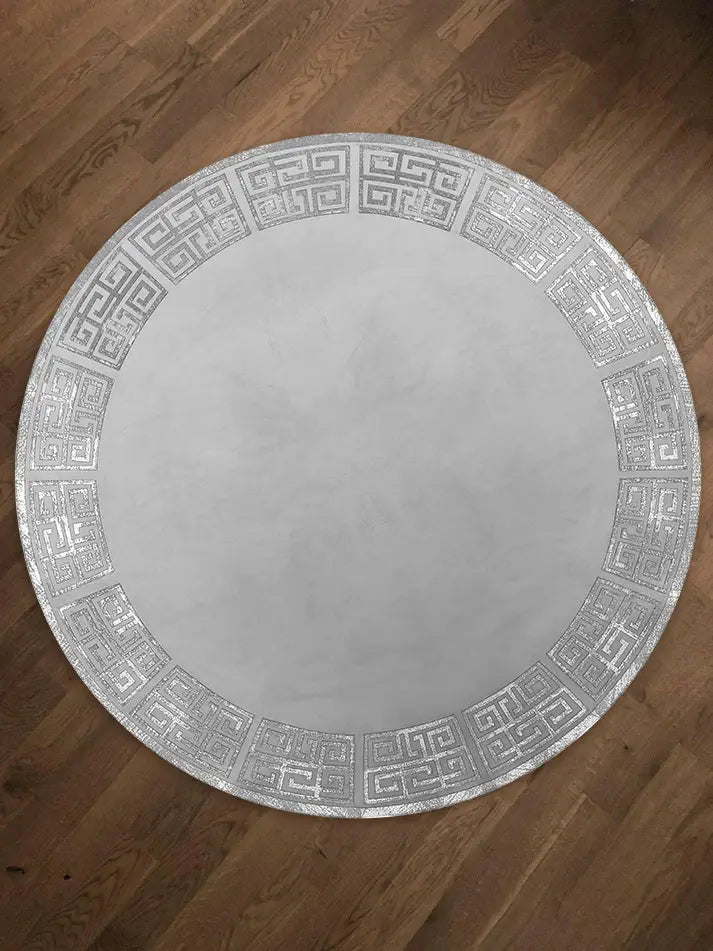 Anka Round Luxury Rug, Greek Key Pattern Leather Mat, Grey & Silver color Washable Carpet,RUGR-CH-ANKALE-GreSi-140