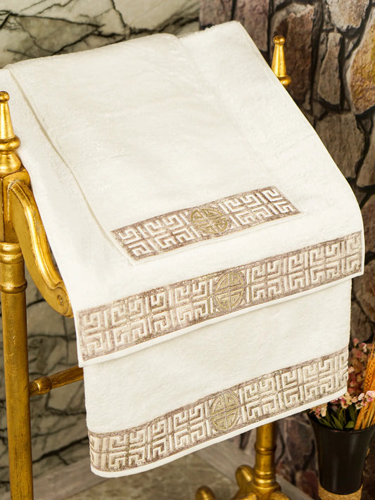 Hera Towel Set - Creative Home Designs, Luxury Soft Turkish Bathing Towels, Bamboo Bath Towel, Hand Towel & Washcloth, Cream & Gold Towels, TS-CH-HERA-EcGo