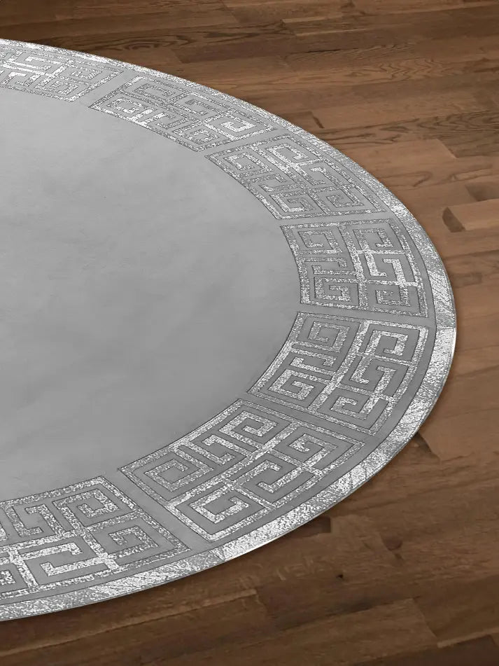 Anka Round Luxury Rug, Greek Key Pattern Leather Mat, Grey & Silver color Washable Carpet,RUGR-CH-ANKALE-GreSi-140