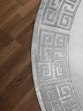 Anka Round Luxury Rug, Greek Key Pattern Leather Mat, Grey & Silver color Washable Carpet,RUGR-CH-ANKALE-GreSi-140
