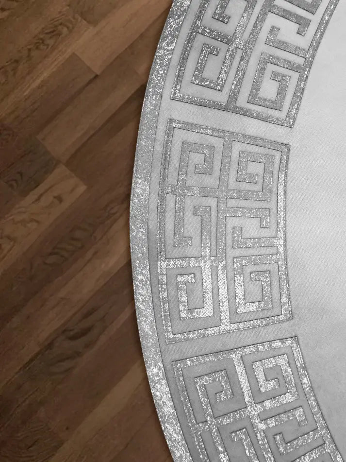 Anka Round Luxury Rug, Greek Key Pattern Leather Mat, Grey & Silver color Washable Carpet,RUGR-CH-ANKALE-GreSi-140