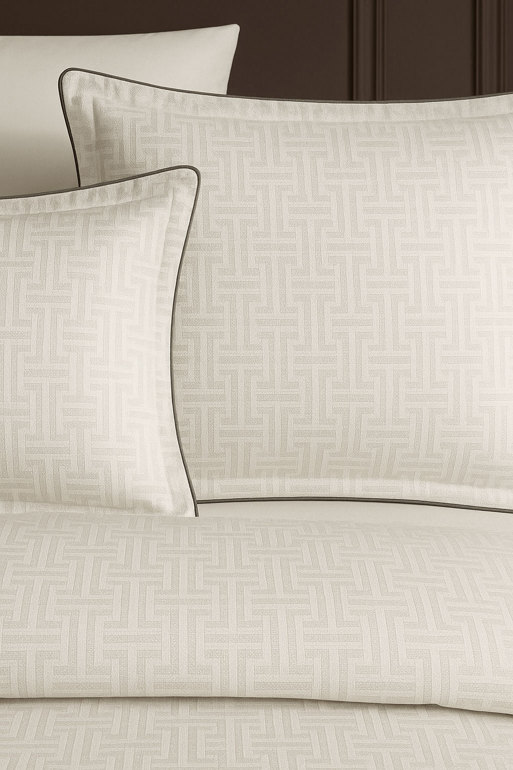 Creative Home Duvet Cover Set - Cream Jacquard Luxury Pattern Bedding set on a bed with a dark wall and small table in the background, DC-FC-RODEL-Cr-Q,DC-FC-RODEL-Cr-K