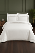Creative Home by Müge Bilgen - Pierre Duvet Cover - White bedding set on a bed in a bedroom with green walls,DC-FC-PIERRE-Cr-Q,DC-FC-PIERRE-Cr-K