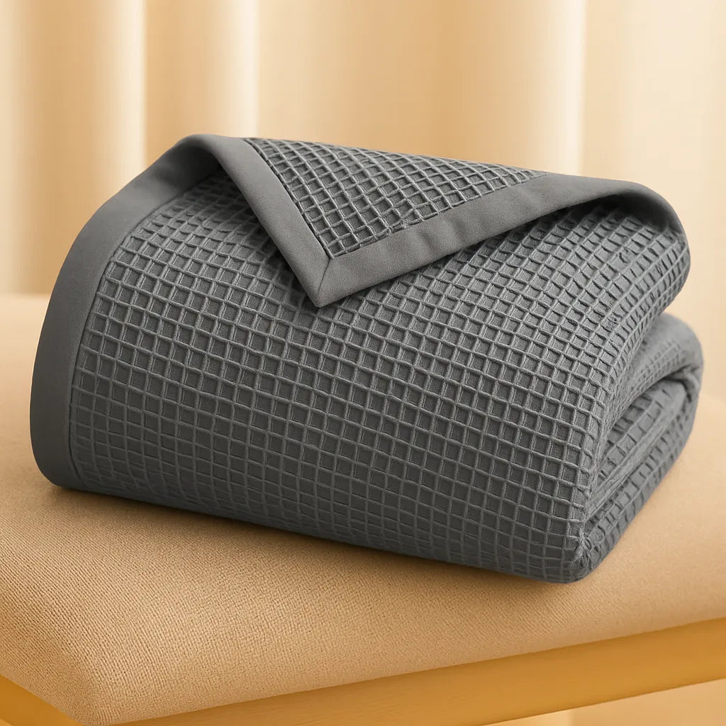 Bedroom with a neatly made bed styled with a 100% Turkish cotton waffle blanket, showing its textured waffle weave and cozy bedcover look as throw blanket by Creative Home. BB-DesH-WaBlnkt-Gra-6070,BB-DesH-WaBlnkt-Gra-Tw,BB-DesH-WaBlnkt-Gra-Q,BB-DesH-WaBlnkt-Gra-K,BB-DesH-WaBlnkt-Gra-100118,BB-DesH-WaBlnkt-Gra-100125