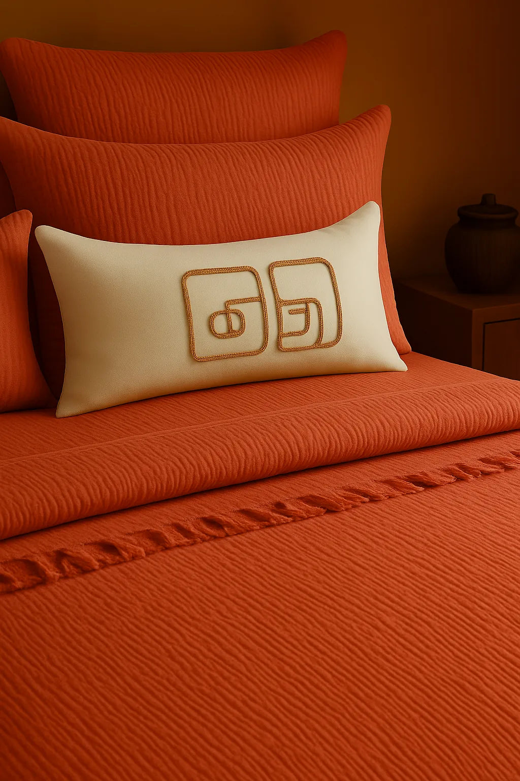 Luxury bedroom featuring a 100% muslin cotton Terracotta gauze cloud blanket with matching pillows, styled on a bed beneath an arched window. BB-DesH-Blnkt-Trcta-6070,BB-DesH-Blnkt-Trcta-Tw, BB-DesH-Blnkt-Trcta-Q,BB-DesH-Blnkt-Trcta-K,BB-DesH-Blnkt-Trcta-100118,BB-DesH-Blnkt-Trcta-100125