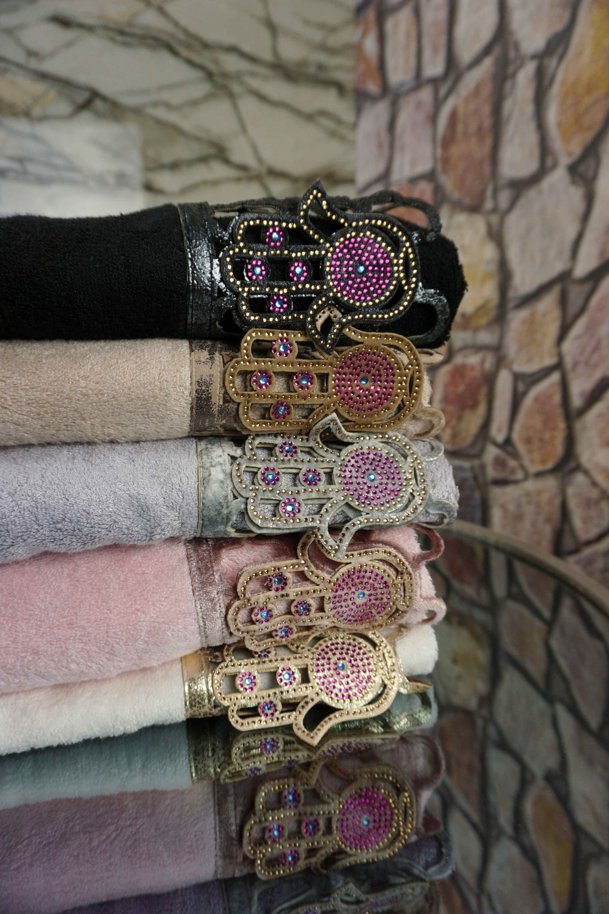 Hamsa Towel Color Set - Creative Home Designs, Hamsa Hand Style Luxury & Expensive Turkish Bath Towels, Black Pink Mink Grey Cream Colored Towels,TS-CH-HMSA-CLRS-3F,TS-CH-HMSA-CLRS-3H