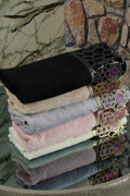 Hamsa Towel Color Set - Creative Home Designs, Hamsa Hand Style Luxury & Expensive Turkish Bath Towels, Black Pink Mink Grey Cream Colored Towels,TS-CH-HMSA-CLRS-3F,TS-CH-HMSA-CLRS-3H