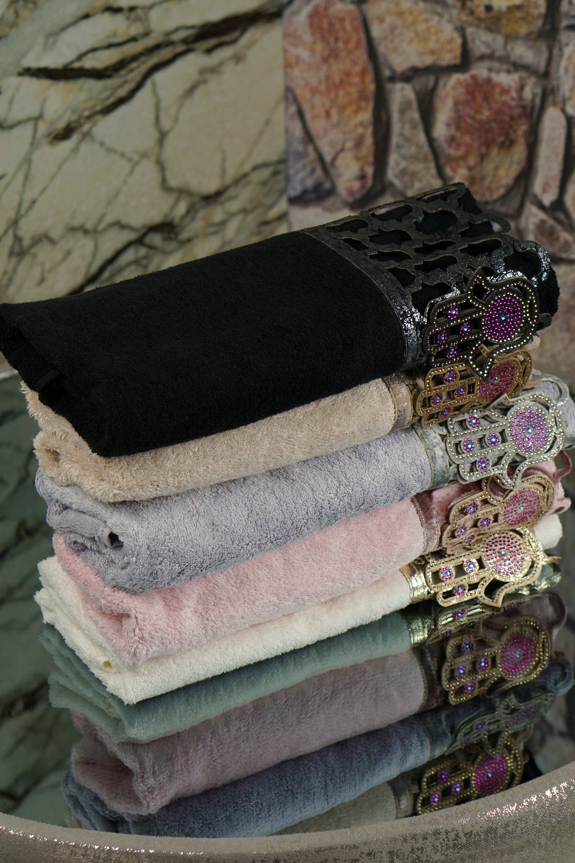 Hamsa Towel Color Set - Creative Home Designs, Hamsa Hand Style Luxury & Expensive Turkish Bath Towels, Black Pink Mink Grey Cream Colored Towels,TS-CH-HMSA-CLRS-3F,TS-CH-HMSA-CLRS-3H