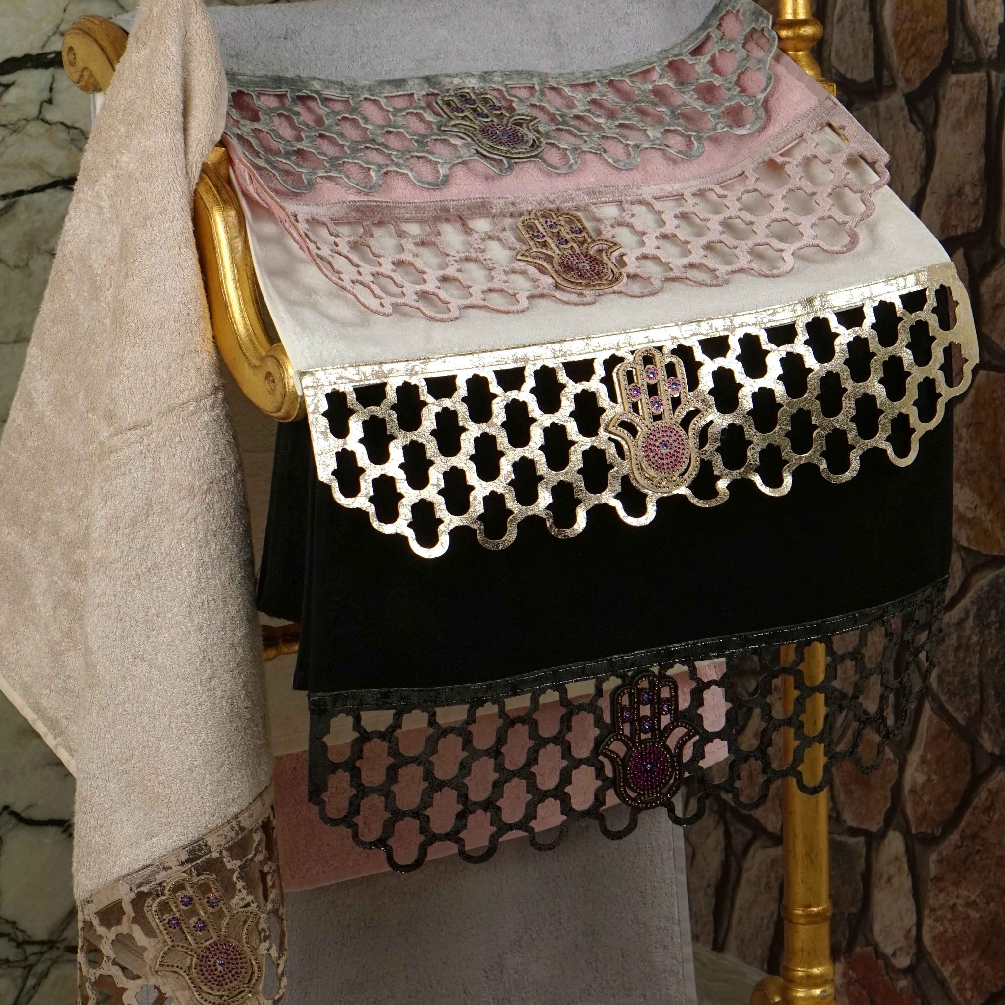 Hamsa Towel Color Set - Creative Home Designs, Hamsa Hand Style Luxury & Expensive Turkish Bath Towels, Black Pink Mink Grey Cream Colored Towels,TS-CH-HMSA-CLRS-3F,TS-CH-HMSA-CLRS-3H