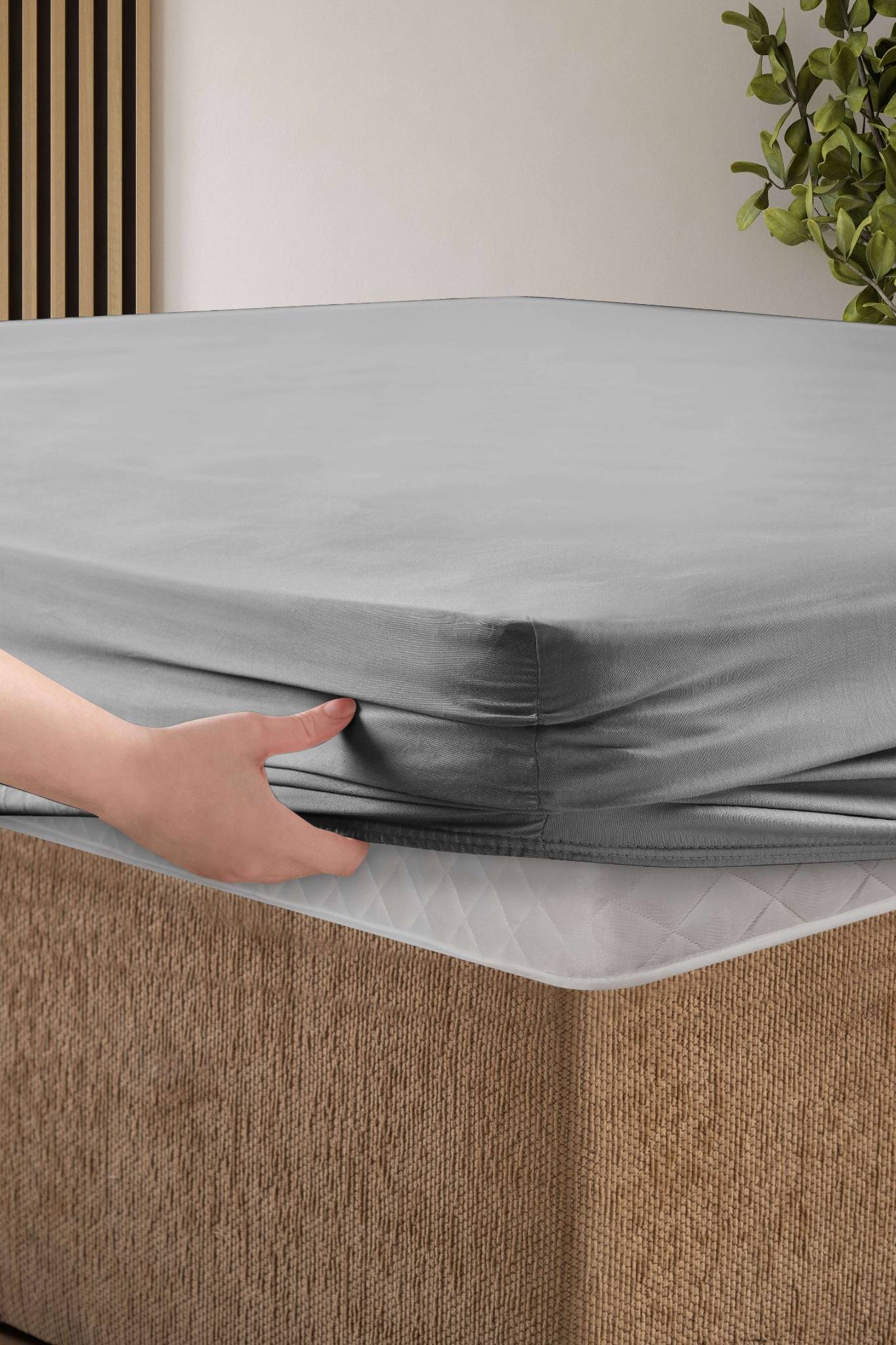 Creative Home Bed Sheets Fitted Sheet Set including 1 Fitted Sheet 2 Pillowcases 3 pcs Set - Dark Gray bed sheets on a bed in a bedroom with a lamp and plant, BS-FC-FSS-Gray-Q,BS-FC-FSS-Gray-K