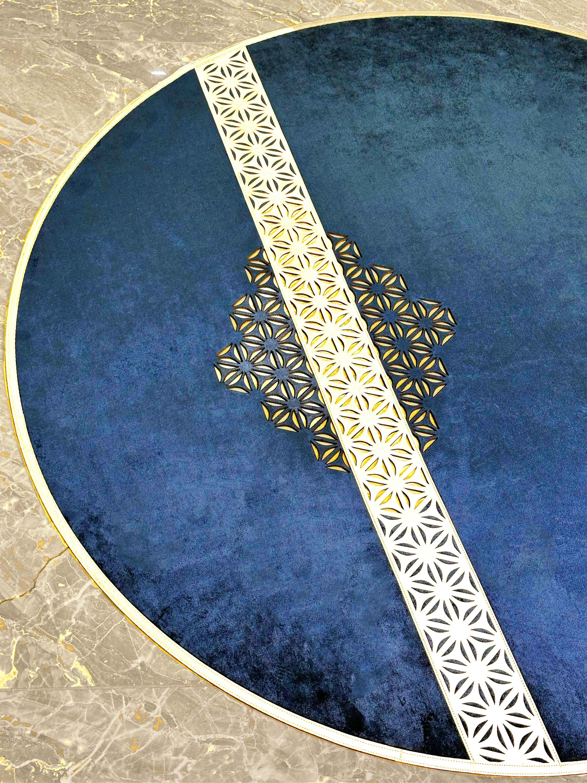 Yildiz Round Luxury Cut Through Modern Night Blue & Silver Rug by Creative Home, Turkish Leather Circular Mat, Washable Turkish Circle Carpet,RUGR-CH-YLDZ-NBluSi-140,RUGR-CH-YLDZ-NBluSi-180,RUGR-CH-YLDZ-NBluSi-220