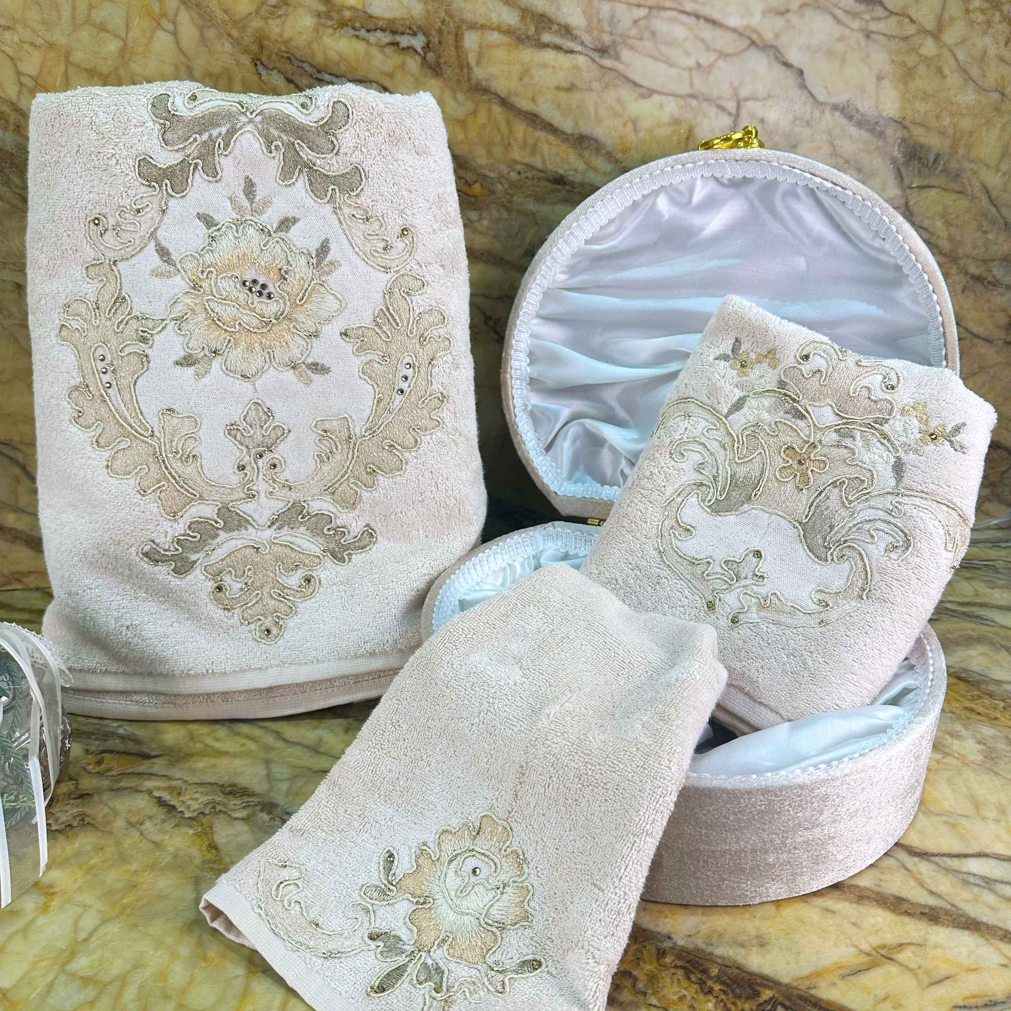 Gelin Beige Towel Set - Creative Home Designs, Luxury Soft Turkish Bathing Towels, Bamboo Bath Towel, Hand Towel & Washcloth, Cream & Gold Towels,TS-CH-GELIN-Bei