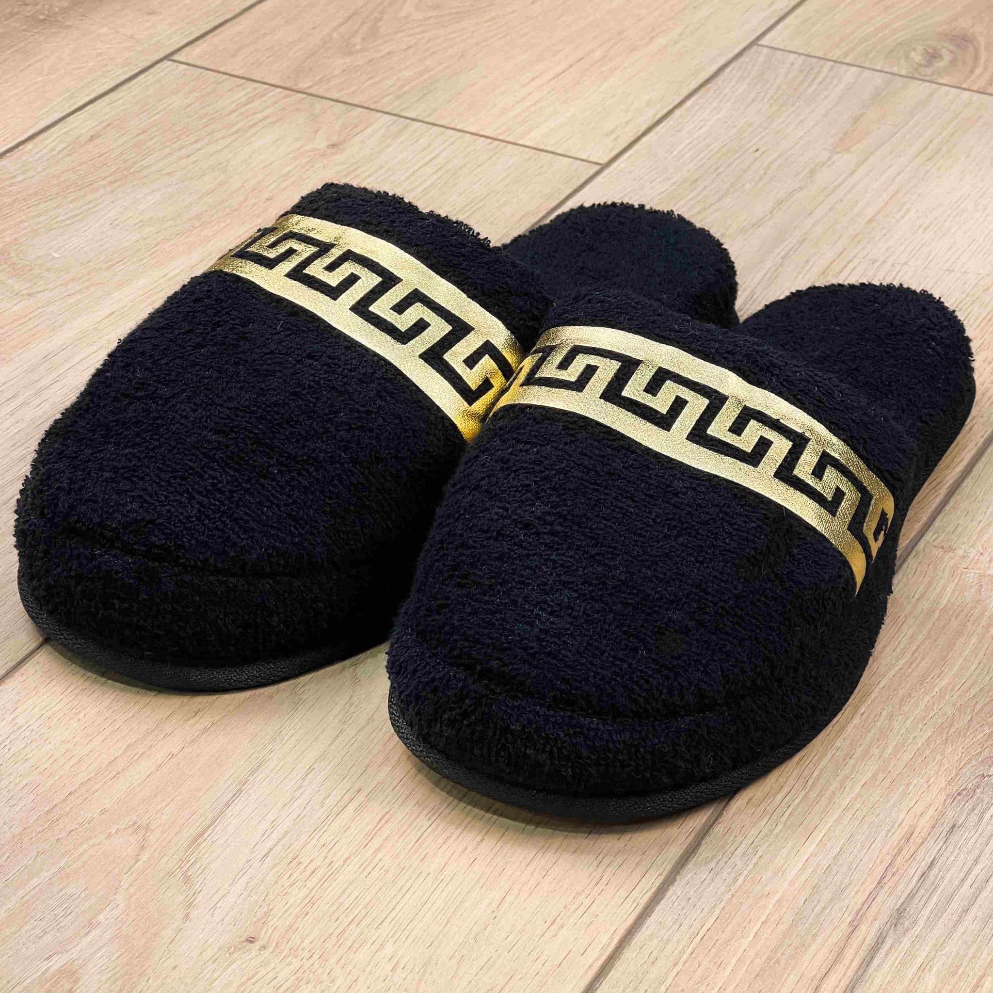 Anka Men's Fine Terry Slippers, Soft Luxury Spa, Home & Lounge Slipper, Black & Gold Bath Slippers,SLPM-CH-ANKA-BlaGo-4244,SLPM-CH-ANKA-BlaGo-4547