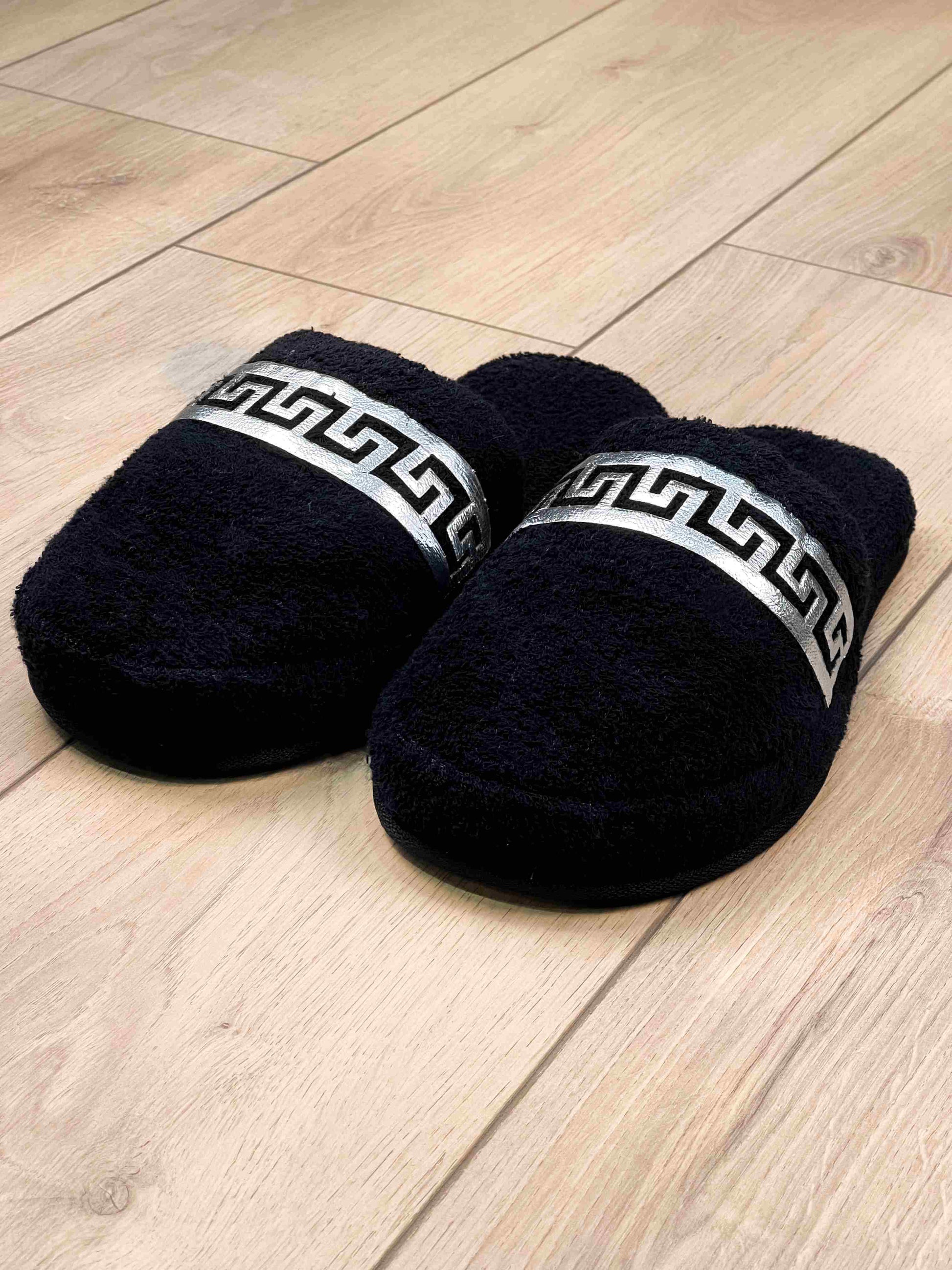 Anka Men's Fine Terry Slippers, Soft Luxury Spa, Home & Lounge Slipper, Black & Silver Bath Slippers,SLPM-CH-ANKA-BlaSi-4244,SLPM-CH-ANKA-BlaSi-4547