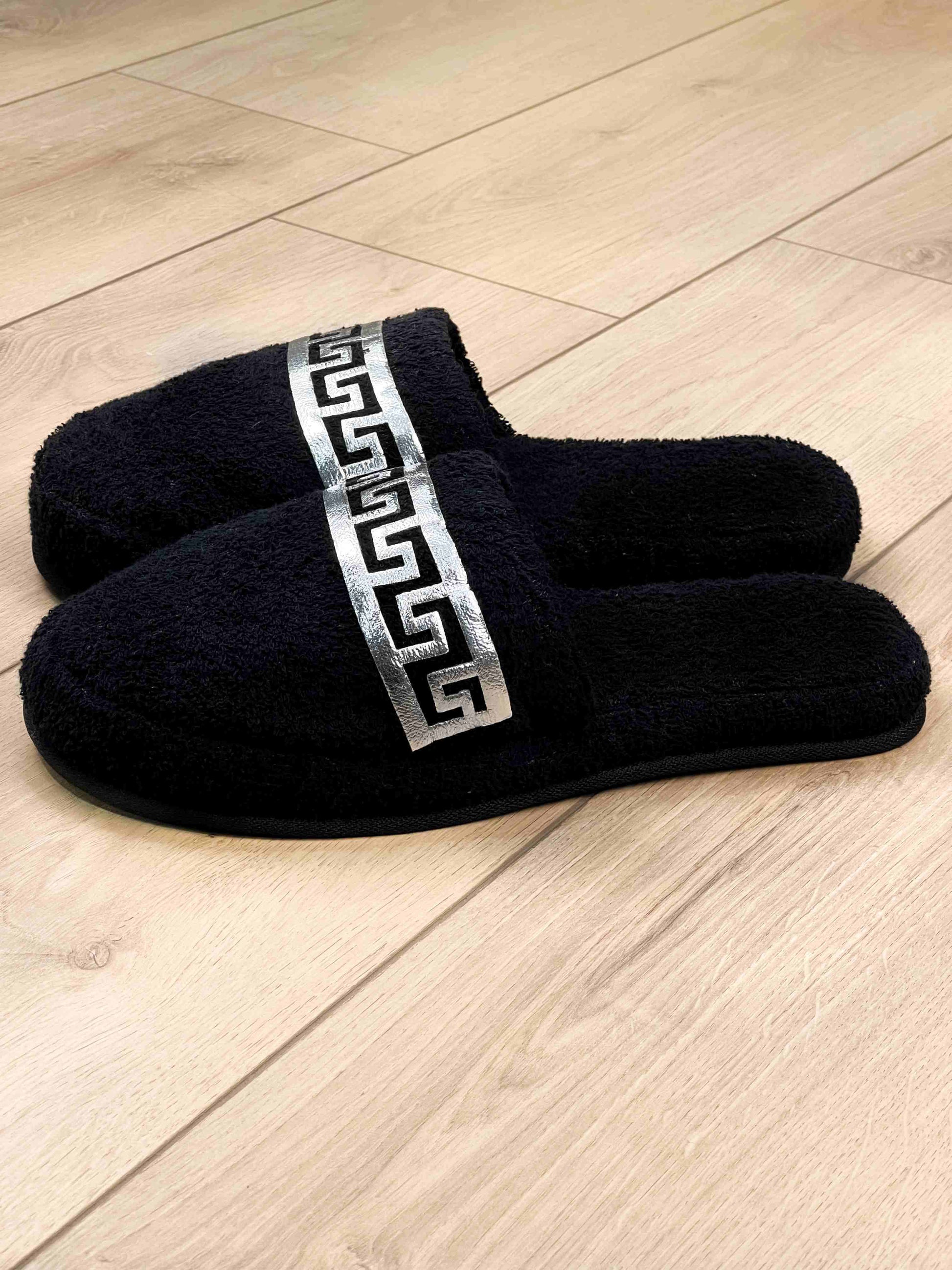 Anka Men's Fine Terry Slippers, Soft Luxury Spa, Home & Lounge Slipper, Black & Silver Bath Slippers,SLPM-CH-ANKA-BlaSi-4244,SLPM-CH-ANKA-BlaSi-4547