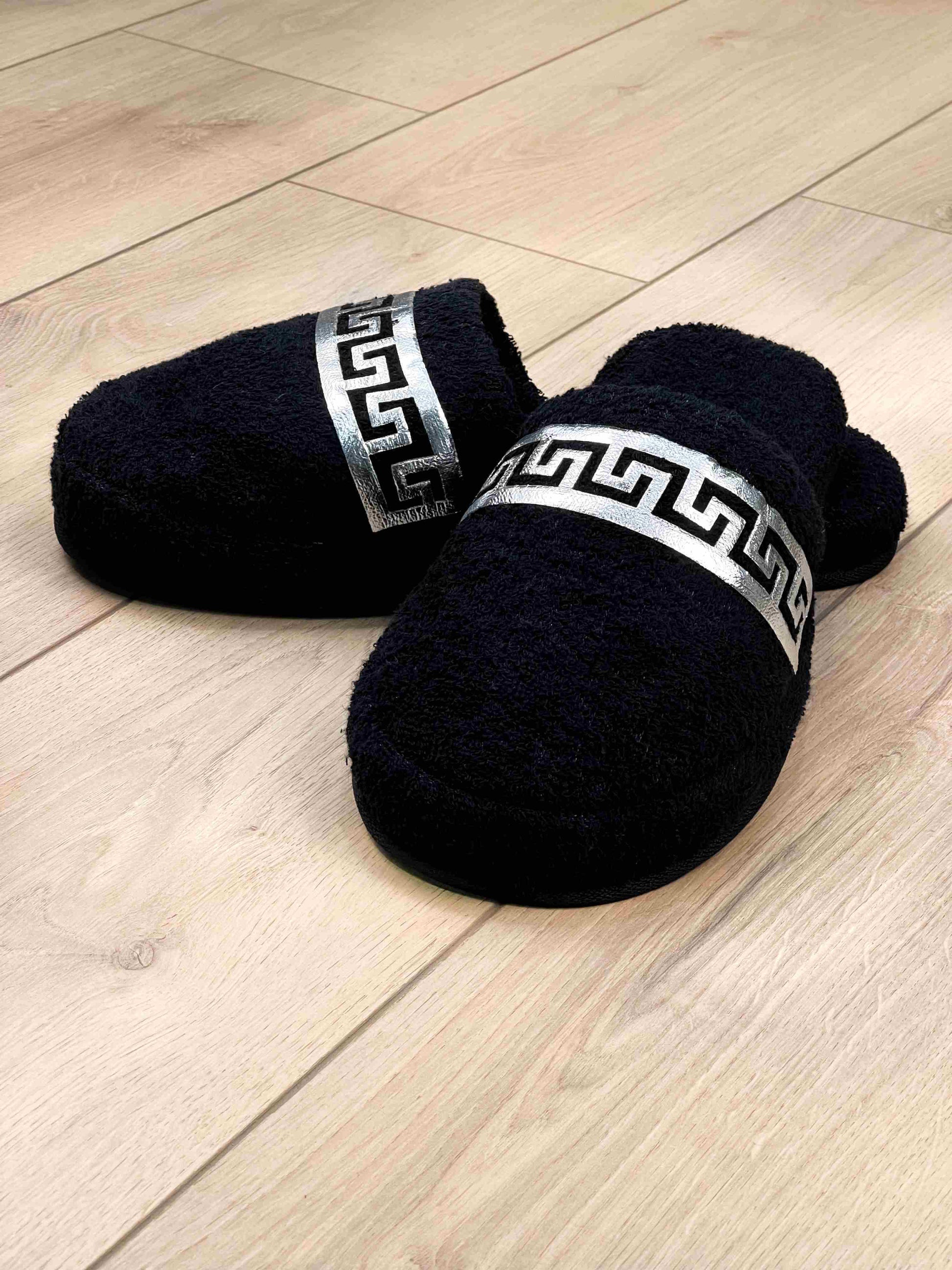 Anka Men's Fine Terry Slippers, Soft Luxury Spa, Home & Lounge Slipper, Black & Silver Bath Slippers,SLPM-CH-ANKA-BlaSi-4244,SLPM-CH-ANKA-BlaSi-4547