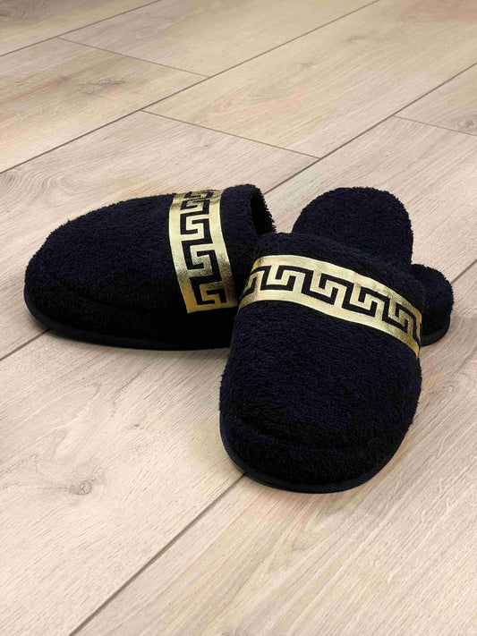 Anka Men's Fine Terry Slippers, Soft Luxury Spa, Home & Lounge Slipper, Black & Gold Bath Slippers,SLPM-CH-ANKA-BlaGo-4244,SLPM-CH-ANKA-BlaGo-4547