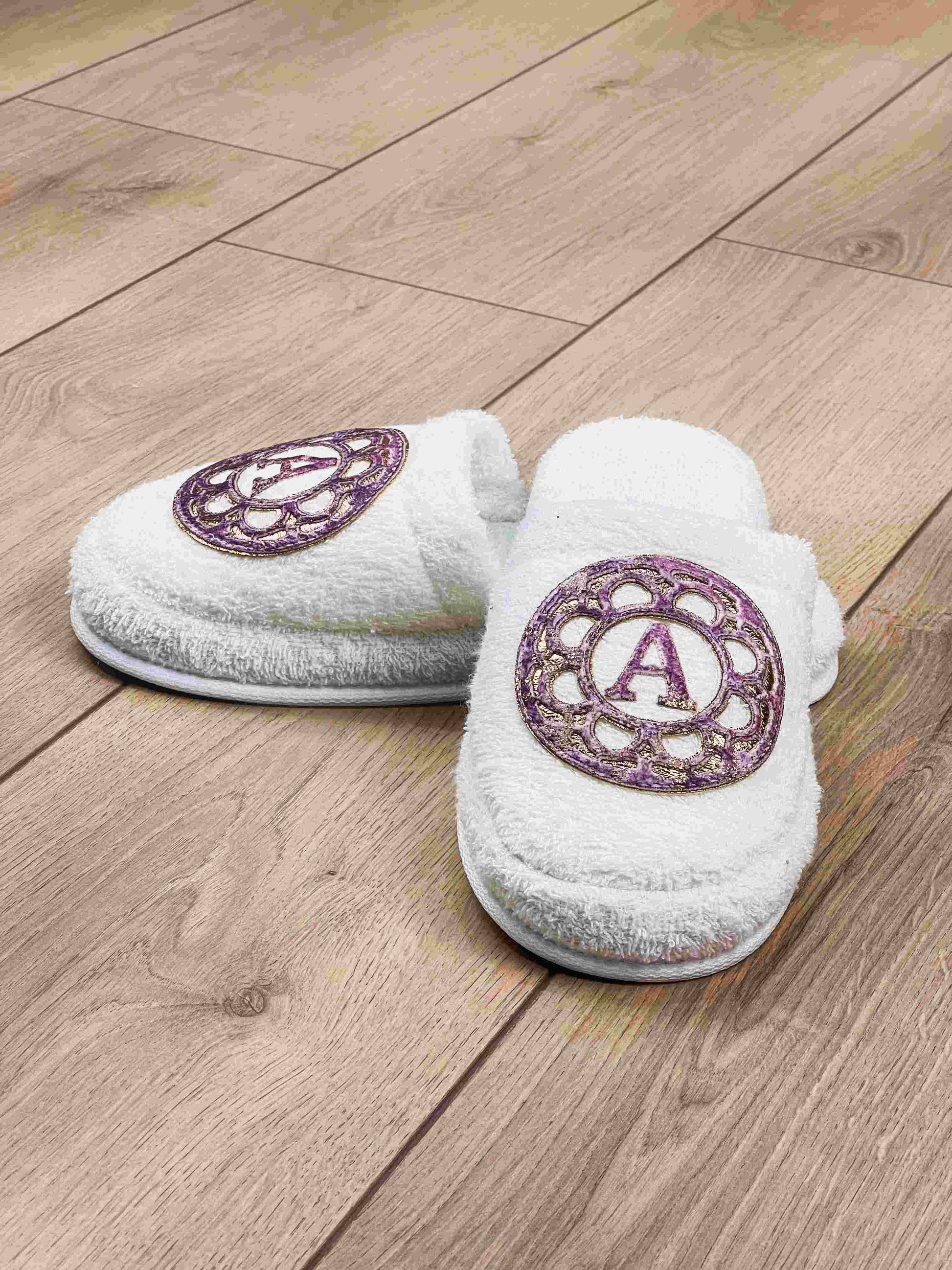 Lyra Women's Custom Initial Slippers, Soft House & Spa Terry Slippers by Creative Home,SLPW-CH-LYRA-EcPi-3738,SLPW-CH-LYRA-EcPi-3940