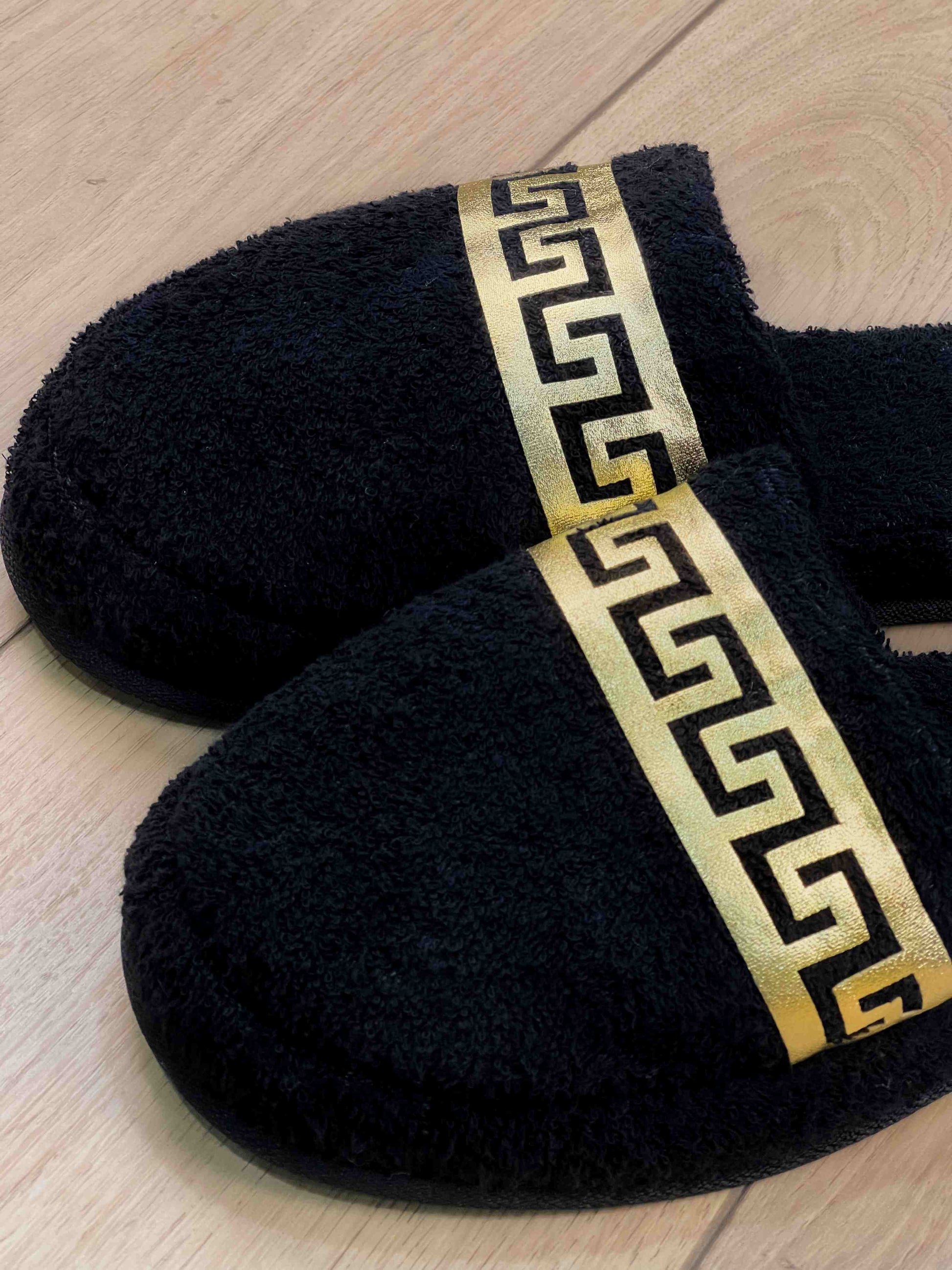 Anka Men's Fine Terry Slippers, Soft Luxury Spa, Home & Lounge Slipper, Black & Gold Bath Slippers,SLPM-CH-ANKA-BlaGo-4244,SLPM-CH-ANKA-BlaGo-4547