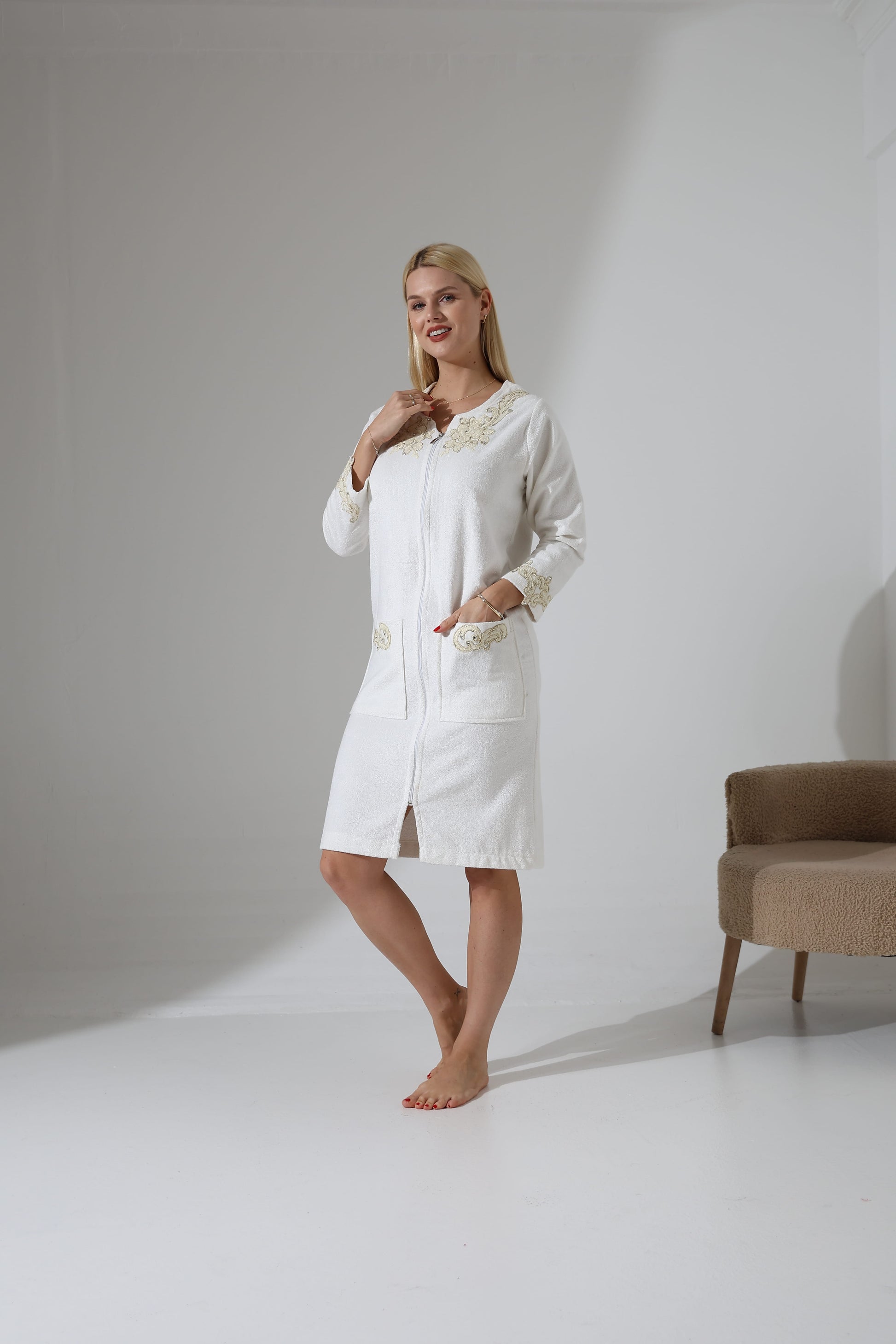 Creative Home's Ecru Off White Cream Color Nilay Towel Wrap with zipper and floral embroidery lace embellishment, SPA robe towel dress,TWZW-CH-NLY-Go-S,TWZW-CH-NLY-Go-M,TWZW-CH-NLY-Go-L,TWZW-CH-NLY-Go-XL