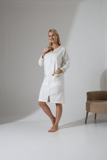 Creative Home's Ecru Off White Cream Color Nilay Towel Wrap with zipper and floral embroidery lace embellishment, SPA robe towel dress,TWZW-CH-NLY-Go-S,TWZW-CH-NLY-Go-M,TWZW-CH-NLY-Go-L,TWZW-CH-NLY-Go-XL