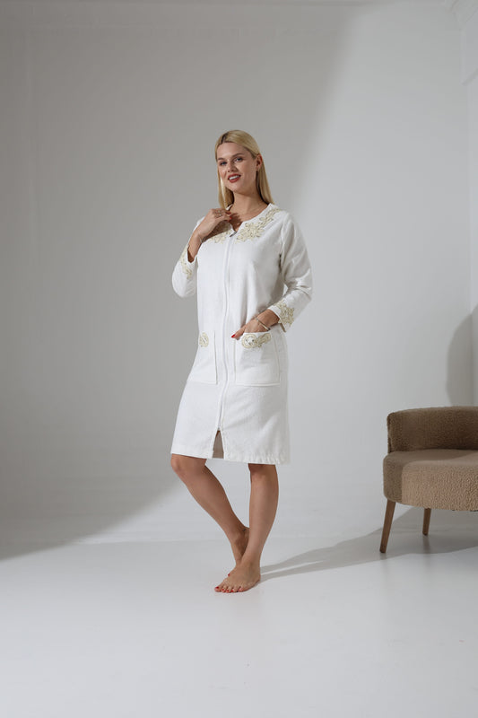 Creative Home's Ecru Off White Cream Color Nilay Towel Wrap with zipper and floral embroidery lace embellishment, SPA robe towel dress,TWZW-CH-NLY-Go-S,TWZW-CH-NLY-Go-M,TWZW-CH-NLY-Go-L,TWZW-CH-NLY-Go-XL