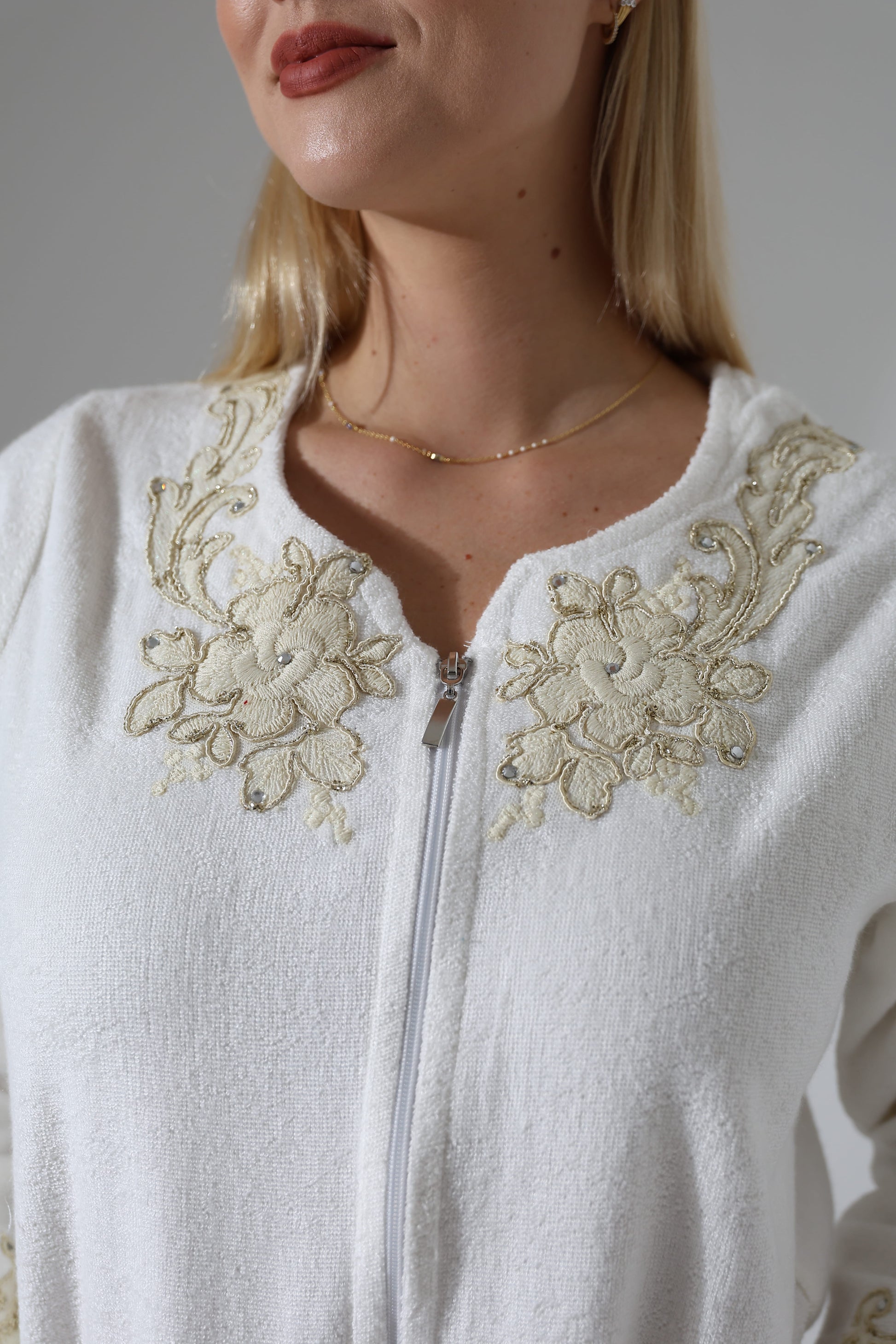 Creative Home's Ecru Off White Cream Color Nilay Towel Wrap with zipper and floral embroidery lace embellishment, SPA robe towel dress,TWZW-CH-NLY-Go-S,TWZW-CH-NLY-Go-M,TWZW-CH-NLY-Go-L,TWZW-CH-NLY-Go-XL