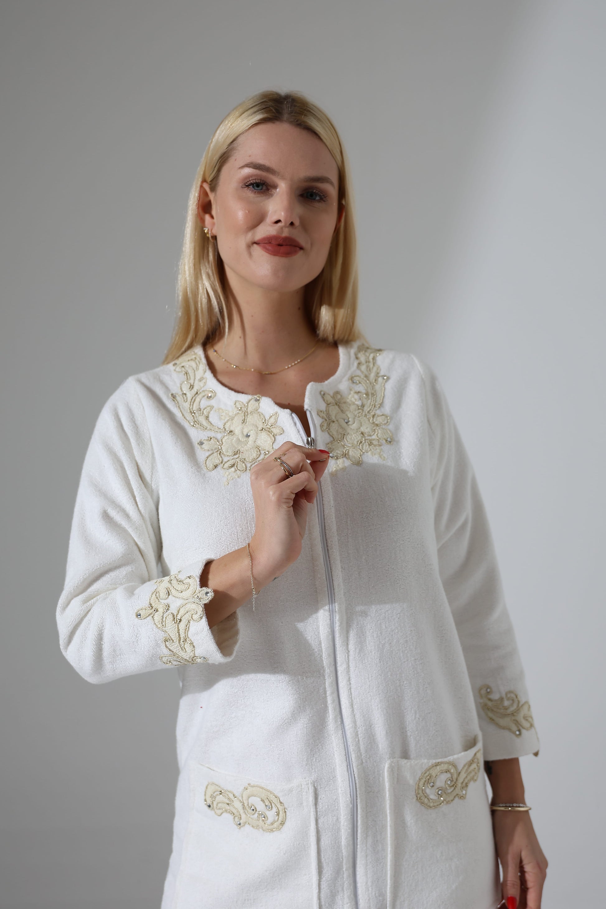 Creative Home's Ecru Off White Cream Color Nilay Towel Wrap with zipper and floral embroidery lace embellishment, SPA robe towel dress,TWZW-CH-NLY-Go-S,TWZW-CH-NLY-Go-M,TWZW-CH-NLY-Go-L,TWZW-CH-NLY-Go-XL