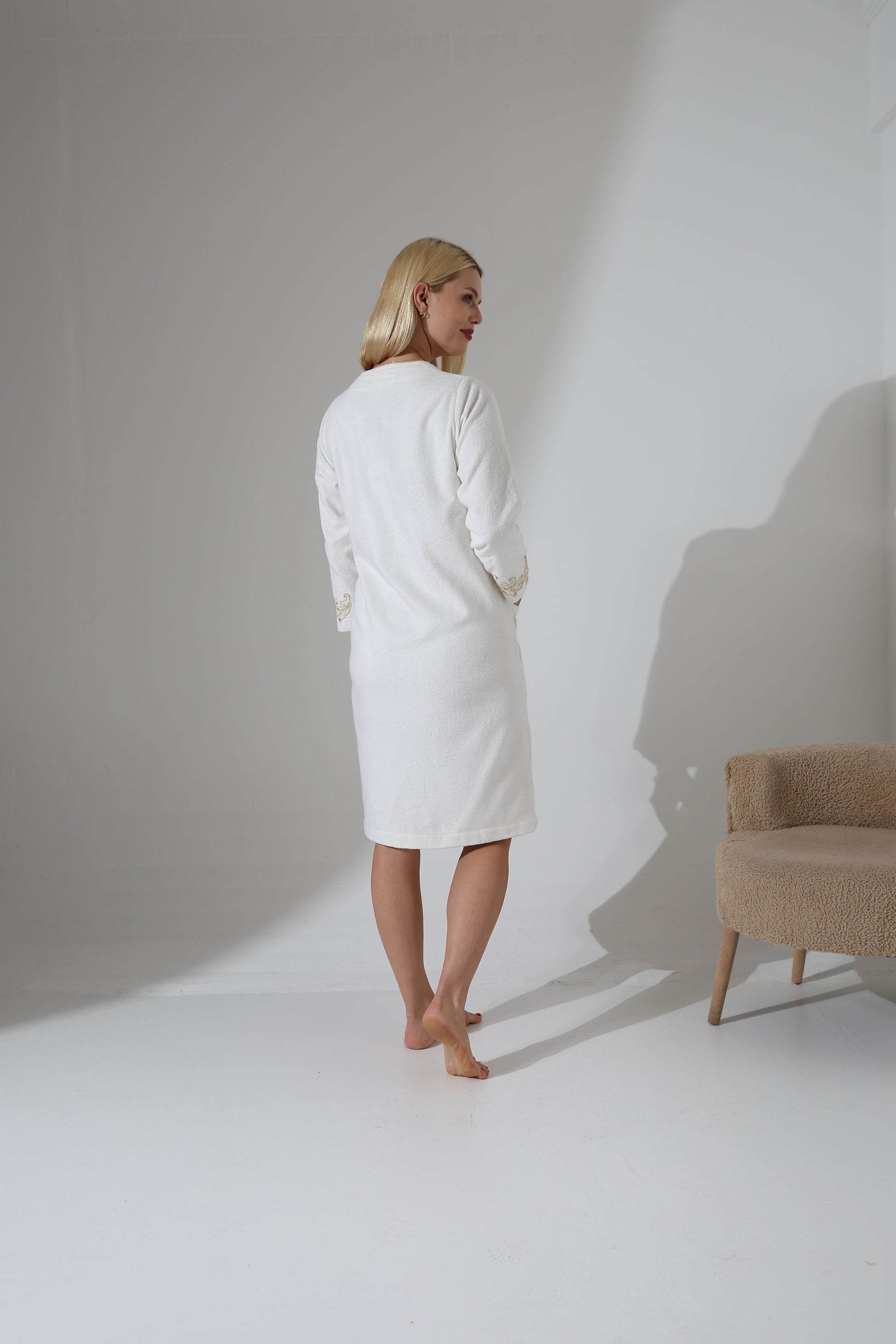 Creative Home's Ecru Off White Cream Color Nilay Towel Wrap with zipper and floral embroidery lace embellishment, SPA robe towel dress,TWZW-CH-NLY-Go-S,TWZW-CH-NLY-Go-M,TWZW-CH-NLY-Go-L,TWZW-CH-NLY-Go-XL