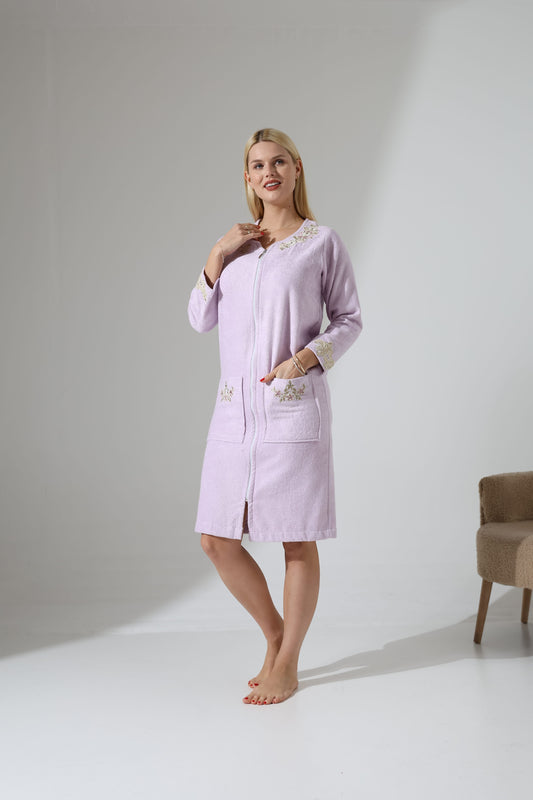 Creative Home's Lilac Towel Wrap with zipper and floral embroidery lace embellishment, SPA robe towel dress,TWZW-CH-GLNLilac-Ame-S,TWZW-CH-GLNLilac-Ame-M,TWZW-CH-GLNLilac-Ame-L,TWZW-CH-GLNLilac-Ame-XL