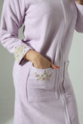 Creative Home's Lilac Towel Wrap with zipper and floral embroidery lace embellishment, SPA robe towel dress,TWZW-CH-GLNLilac-Ame-S,TWZW-CH-GLNLilac-Ame-M,TWZW-CH-GLNLilac-Ame-L,TWZW-CH-GLNLilac-Ame-XL