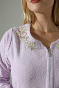 Creative Home's Lilac Towel Wrap with zipper and floral embroidery lace embellishment, SPA robe towel dress,TWZW-CH-GLNLilac-Ame-S,TWZW-CH-GLNLilac-Ame-M,TWZW-CH-GLNLilac-Ame-L,TWZW-CH-GLNLilac-Ame-XL