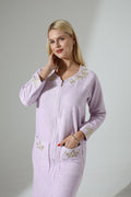 Creative Home's Lilac Towel Wrap with zipper and floral embroidery lace embellishment, SPA robe towel dress,TWZW-CH-GLNLilac-Ame-S,TWZW-CH-GLNLilac-Ame-M,TWZW-CH-GLNLilac-Ame-L,TWZW-CH-GLNLilac-Ame-XL